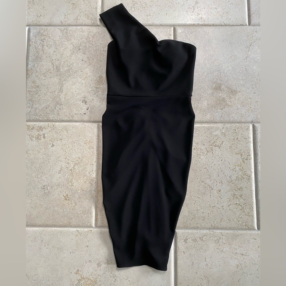 AIDA One Shoulder Dress LBD Zipper Back Ruching Jersey Black 8
Elegant